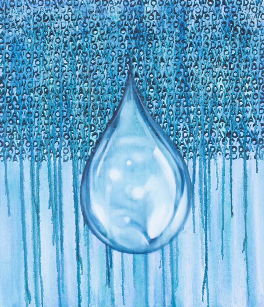 Andrzej Zujewicz, Woda 2, 2023 – błękitny obraz z kroplą wody