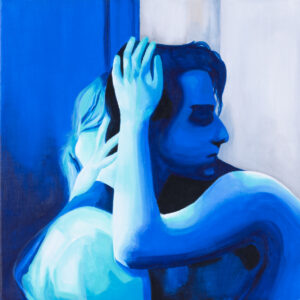 Marlena Kaczerska, Eyes Wide Shut, 2023 – niebieski obraz z przytulającą się parą