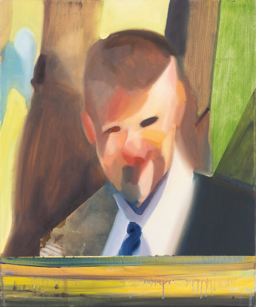 Cezary Bednarczyk Bez tytułu z cyklu Holidays in the sun, 2022 abstrakcyjny rozmazany kolorowy portret mężczyzny w garniturze