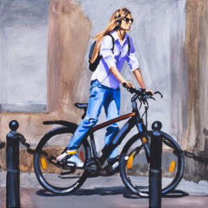 Marcin Kędzierski Pastelowa rowerzystka, 2023 – dziewczyna kobieta na rowerze, miejskie życie, sport, ulica