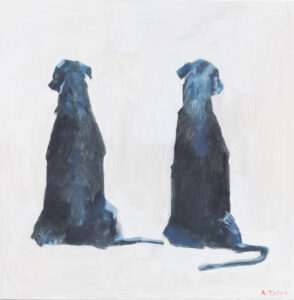 Anzhela Tistyk Pierwsze spotkanie, 2023 – obraz z psami, pieski, pies, dwa psy, minimalistyczny obraz ze zwierzętami animalistyka