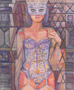 Olga Stanisławska Dziewczyna w koronkowym gorsecie, z cyklu Dziewczyny w maskach, 2023 – kobieta, maska, bielizna, abstrakcja, figuracja