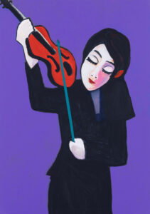 Bartłomiej Załucki Skrzypaczka, 2023 – dziewczyna, kobieta grająca na skrzypcach, fioletowy obraz