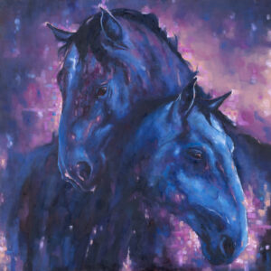 Izabela Szarek Bracia, 2023 – fioletowy, różowy obraz z końmi, konie, koniki, przyjaciele