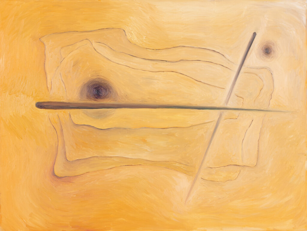 Stefan Buczek, Dzień z cyklu Materia, 2023 – pomarańczowa, beżowa abstrakcja, drewno