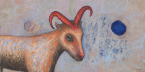 Iza Staręga, z cyklu Zwierzęta, których nie widziałam, ale są, 2023 – obraz kolorowy koza, jasne tło