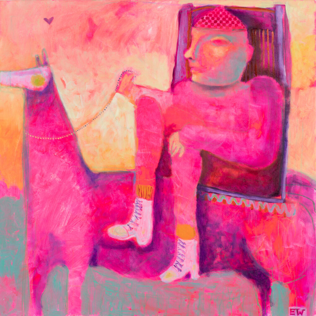 Emilia Waszak, Błędny konik III, 2022 – różowy, bajkowy obraz z jeźdźcem na koniu
