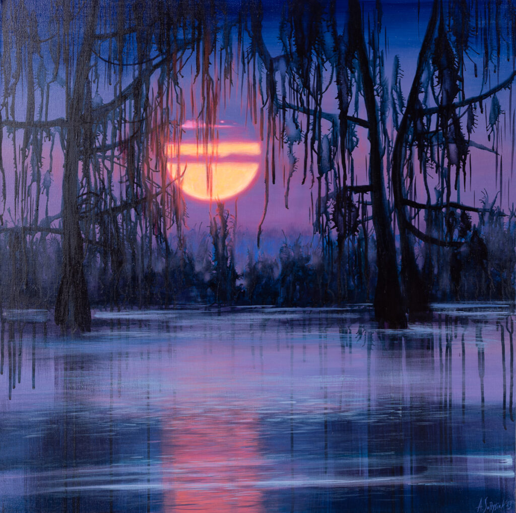 Anna Sołtysiak Louisiana sunset, 2023 pejzaż ameryka zachód słońca bagno jezioro woda botanika rośliny