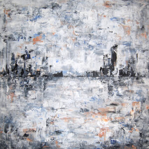 Iwona Gabryś, Kompozycja w szarości nr 111, 2023 - abstrakcyjny obraz w odcieniach szarości, bieli, błękitu