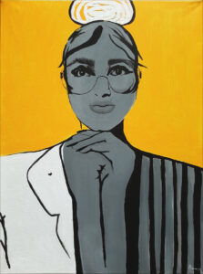 Sylwia Szewczyk, Na poważnie, 2023 – portret kobiety w okularach na żółtym tle