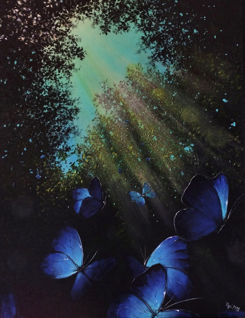 Beata Mura, Oddech lasu XI, 2023 – bajkowy obraz z lasem i motylami