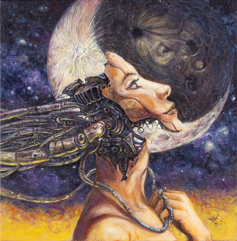 Krzysztof Krawiec, Andromeda, 2023 - bajkowy obraz z kobiecą postacią i księżycem