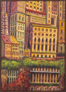 Krzysztof Krzywiński, Miejsce 78, 2021 - obraz z architekturą miejską i wieżowcami