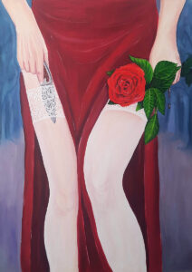 Anastasia Ahrenich, Widziałam, 2023 - kobieca postać z różą i nożem w dłoni, obraz w czerwieni i bieli