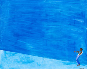 Patryk Lutomski, Miles, 2023 - niebieski obraz z muzykiem grającym na trąbce