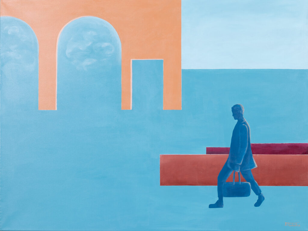 Katarzyna Kudełka Poranek, 2023 minimalistyczny niebieski obraz człowiek praca architektura droga miasto