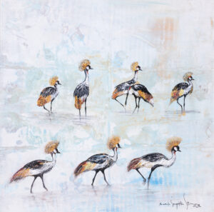Mariola Świgulska Krocząc po tafli wody, 2023 animalistyka minimalizm ptaki woda pastelowe zwierzęta