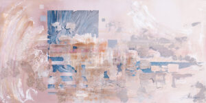 Vanessa Świgulska Żeglując na falach abstrakcji, 2023 długi obraz abstrakcja pastelowa różowy błękitny pejzaż morski