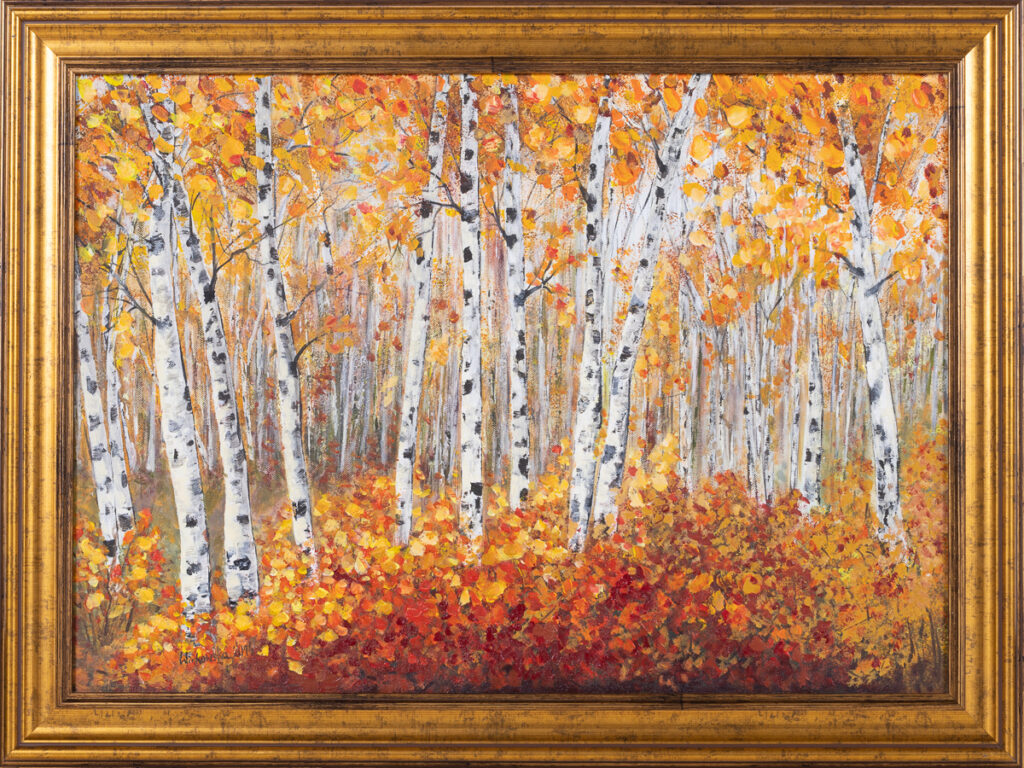 Teresa Winkowska Brzozowa symfonia, 2014 – realizm, tradycyjny pejzaż, las, jesień, drzewa, liście, brzozy
