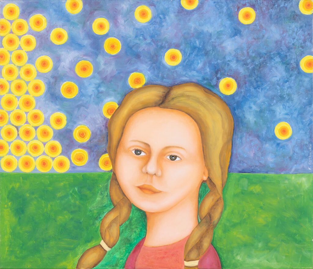 Katarzyna Fiałkowska Marzenka – portret dziewczynki, portret dziecka, łąka, trawa, warkocze