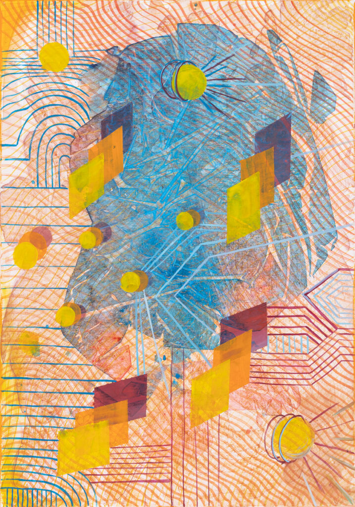 Teresa Kazimierczak Kompozycja 98, 2023 – abstrakcja, niebieski, żółty, pomarańczowy, linie