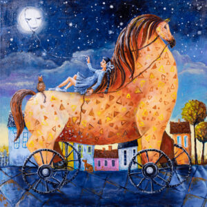 Teresa Kluszczyńska, Marzycielka, 2023 - bajkowy obraz, surrealizm, postać na koniu na tle miasteczka