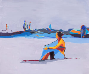 Ewa Krzywińska, Surfer's Afternoon 2, 2023 - błękitny obraz z kobietą na plaży