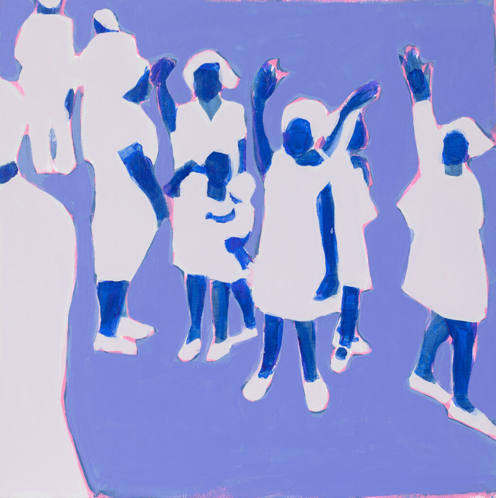 Iwona Kobryń, Bez tytułu, 2023 – obraz z białymi postaciami na fioletowym tle