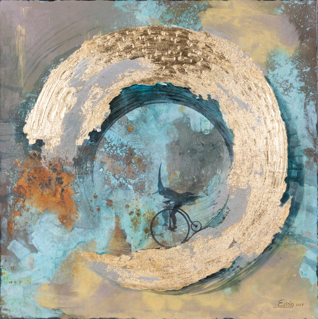 Vanessa Świgulska, Krążąc po orbicie horyzontu zdarzeń, 2023 – abstrakcyjny obraz ze złotym kołem na turkusowym tle
