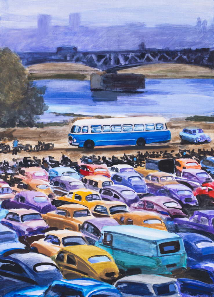 Marcin Kędzierski Parking pod Stadionem X-lecia, 2023 – obraz z samochodami i autobusem na tle panoramy Warszawy