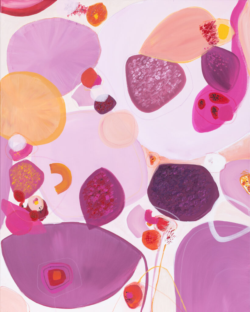 Natalia Kozarzewska, Figi, 2023 – kolorowa abstrakcja w odcieniach fioletu i różu na białym tle