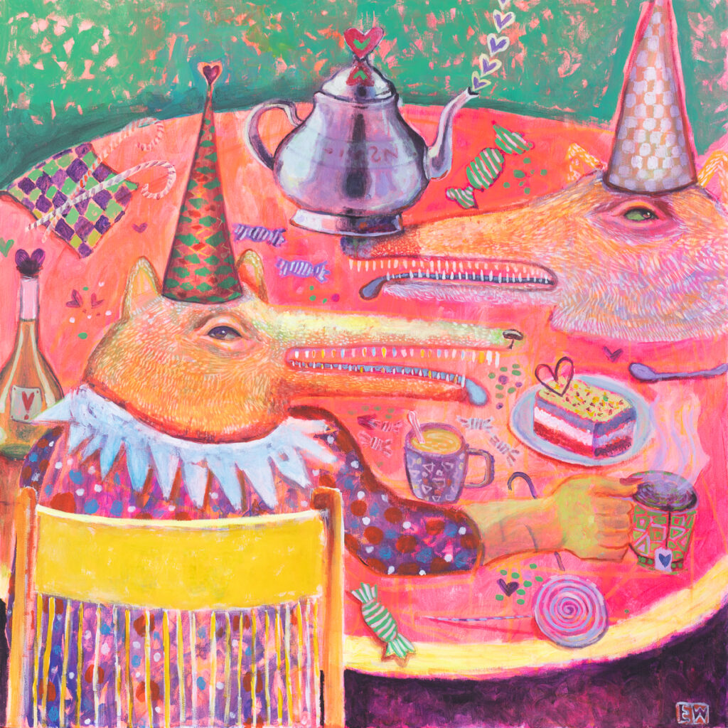Emilia Waszak, Tea time II, 2022 - bajkowy obraz ze zwierzętami przy stole, zieleń, róż