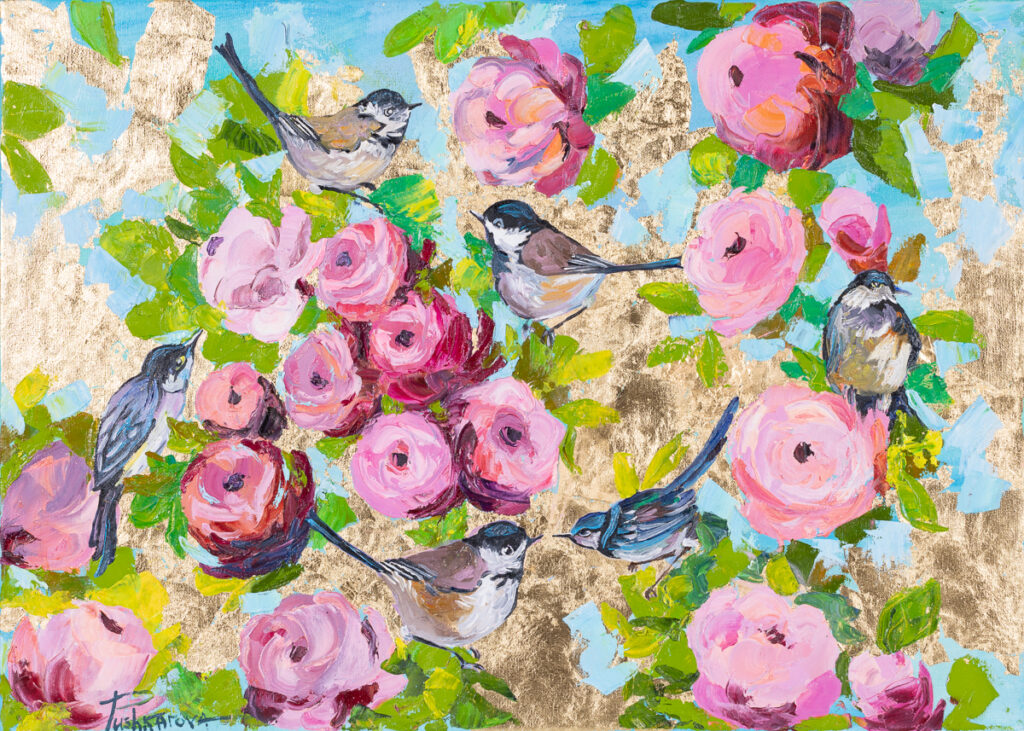 Hanna Pushkarova, Ptaki w ogrodzie, 2023 – kolorowy obraz z ptakami wśród różowych kwiatów