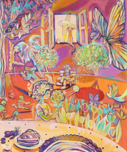 Michalina Czurakowska, Sweetness of Life: Plum Landscape, 2023 - kolorowy, bajkowy obraz z postaciami w ogrodzie