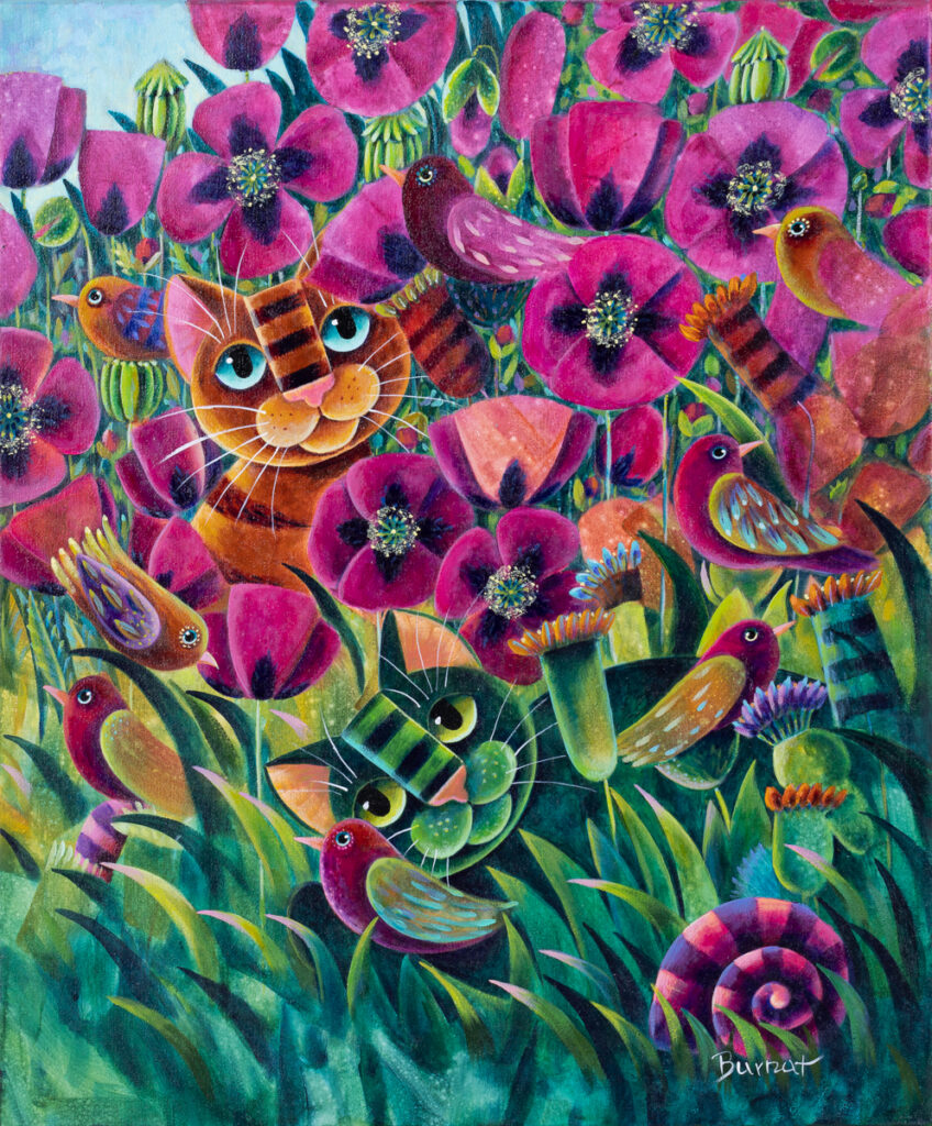 Wiesława Burnat, Mała chwila zapomnienia, 2022 - bajkowy obraz z kotem w ogrodzie, odcienie różu, zieleni