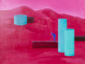 Katarzyna Kudełka, Zapętlenie, 2023 – różowo-niebieski obraz z postacią na tle architektury i krajobrazu