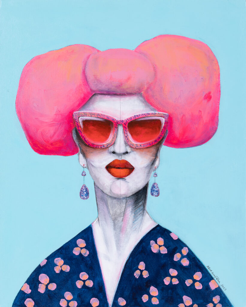 Agata Wereszczyńska, Pani Lola, 2023 – dekoracyjny kobiecy portret w odcieniach błękitu i różu