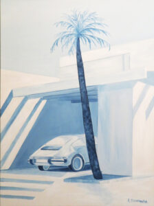 Agata Strzemecka, Blue Monday, 2022 - biało-niebieski obraz ze sportowym samochodem, palmą i architekturą