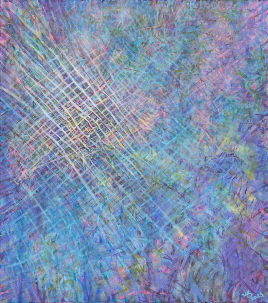 Urszula Szulborska Zerwany wątek, 2023 abstrakcja fioletowa zielona niebieska sieć