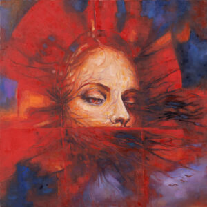 Izabela Szarek, Saturn Red, 2023 – surrealistyczny obraz z twarzą na czerwonym tle
