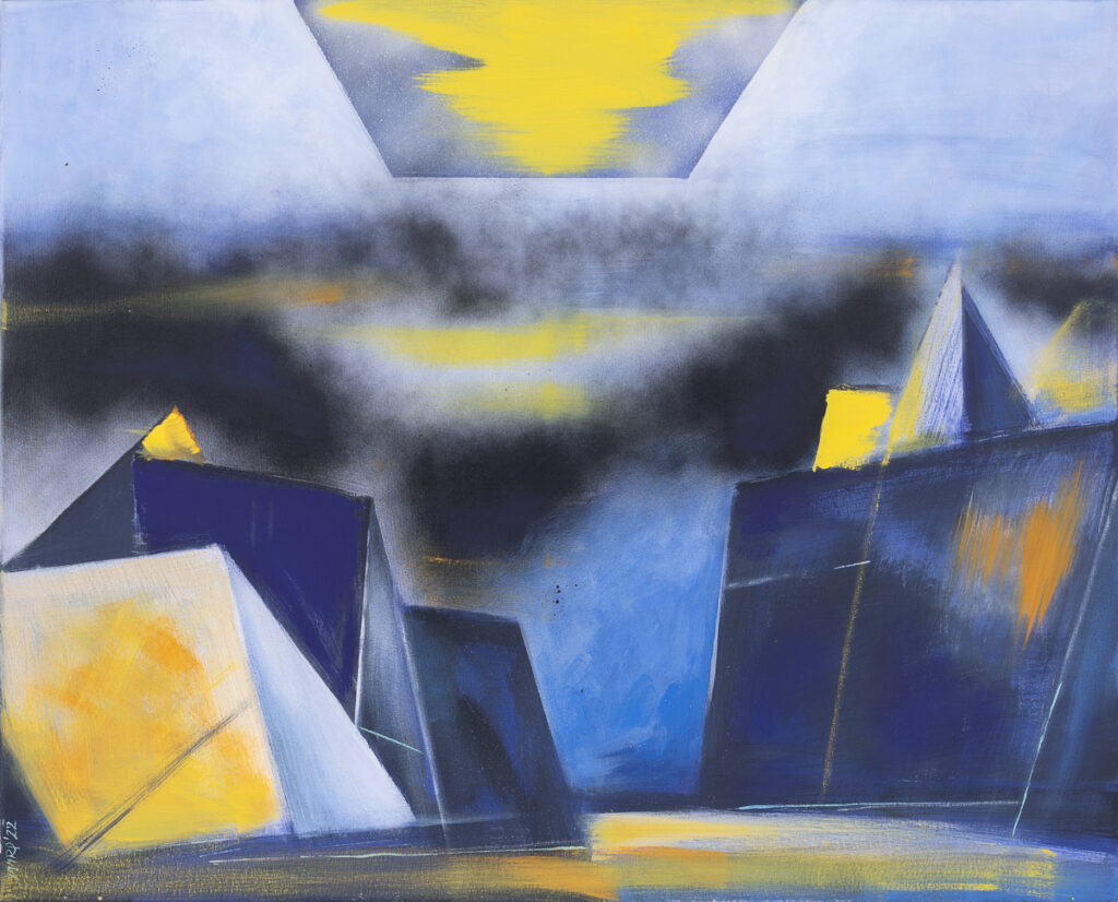 Andrzej Wirpszo, Bez tytułu, 2023 - abstrakcyjny obraz w odcieniach błękitu i żółci
