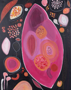 Natalia Kozarzewska, Zanurzenie, 2023 – abstrakcja z czerwonymi i różowymi kształtami na czarnym tle