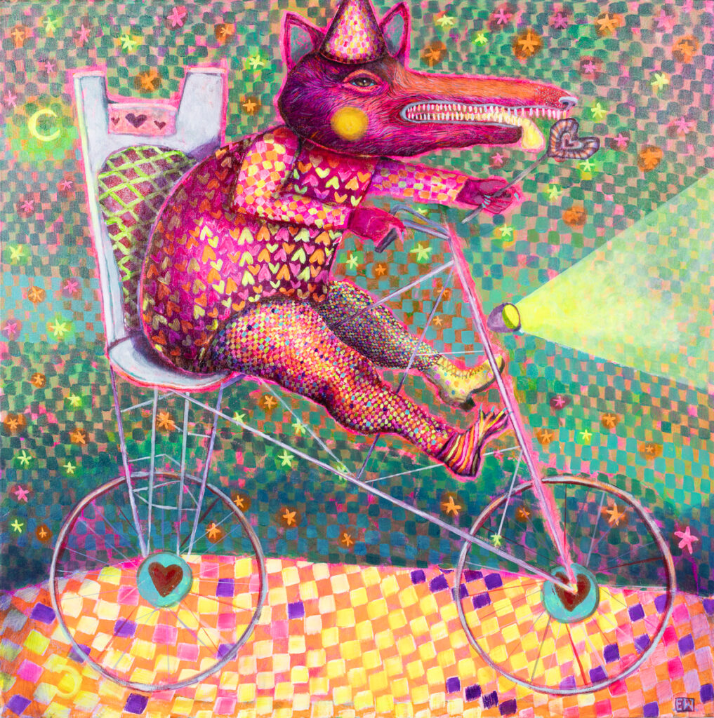 Emilia Waszak, Wilk cyklista VII, 2023 – bajkowy, kolorowy obraz z postacią wilka na rowerze