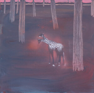 Hanna Kur, Zbyt wysoki las dla żyraf, 2022 – obraz w bordowych kolorach z postacią żyrafy
