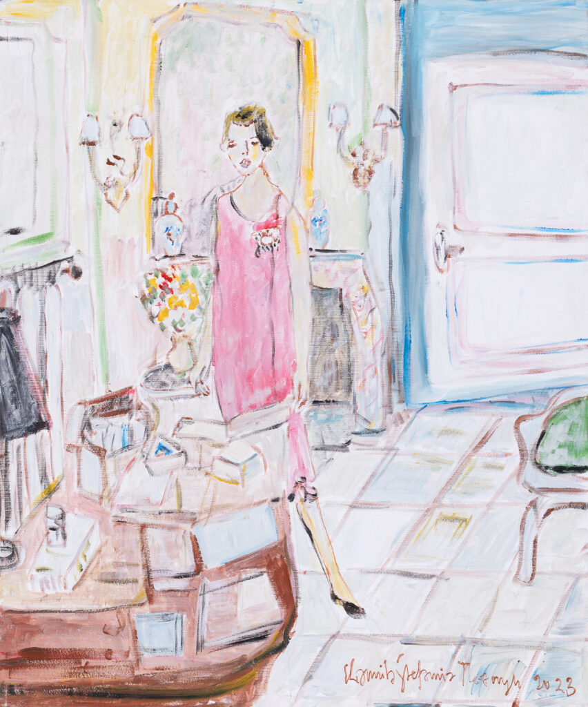Kamila Stefania Tkaczyk, Paris, 2023 - obraz w pastelowych barwach z elegancką kobietą we wnętrzu