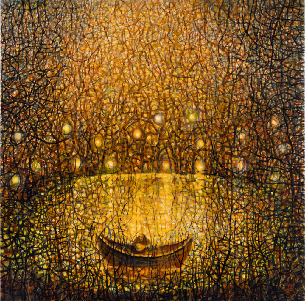 Piotr Banaszkiewicz, Wyspiarze, 2023 - surrealistyczny obraz z postacią na łodzi i światłami