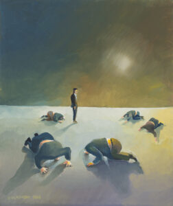 Grzegorz Ziółkowski Strusie, 2006 – surrealistyczny obraz z ludźmi chowającymi głowy w piach