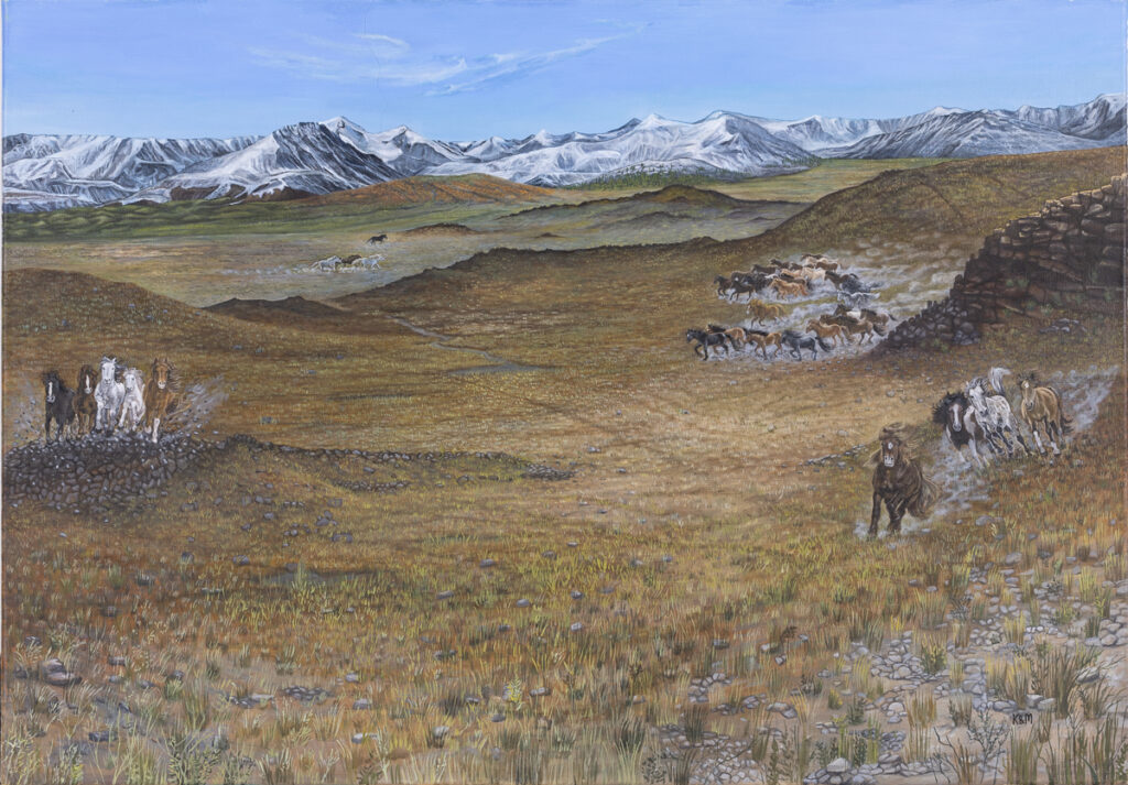 Katarzyna Meres, Wild Horses, 2023 - pejzaż z górami i końmi
