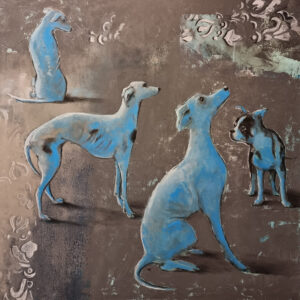 Nina Zielińska-Krudysz, Niebieskie psy z Bombaju, 2023 – obraz z czterema psami na złotym tle
