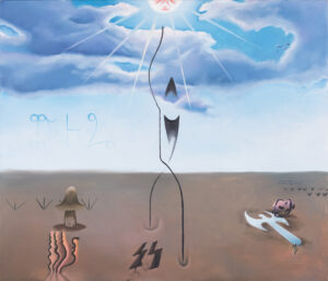Kacper Woźny, Triumf wolności, 2019 - surrealistyczny obraz ze słońcem, chmurami i symbolami
